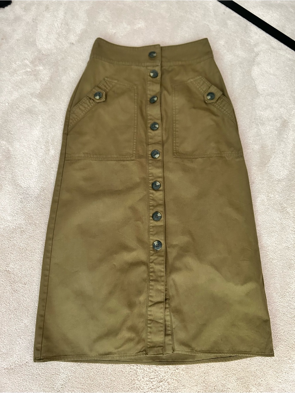 Maeve Anthropologie Button-Front Midi Skirt in Olive Green